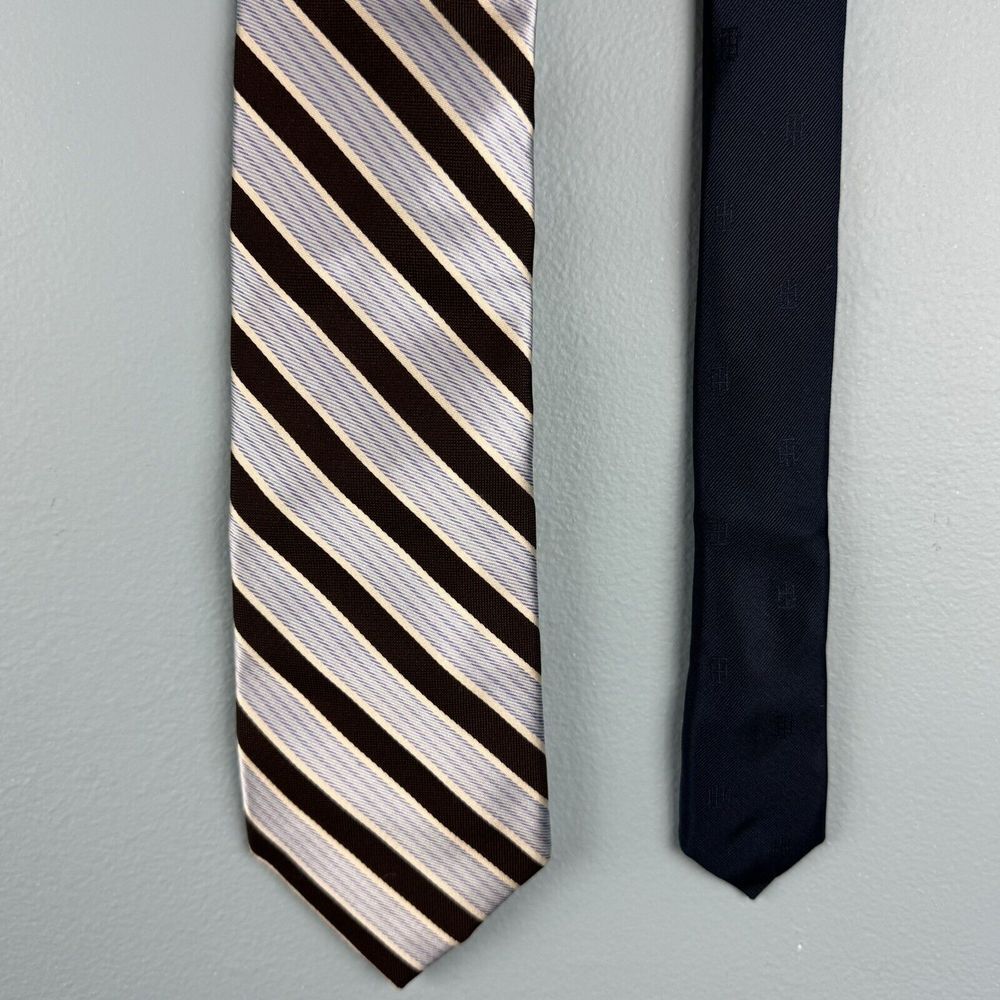 Tommy Hilfiger Men's Blue White Brown Diagonal Striped 3.5" Silk Tie Necktie - Picture 3 of 5